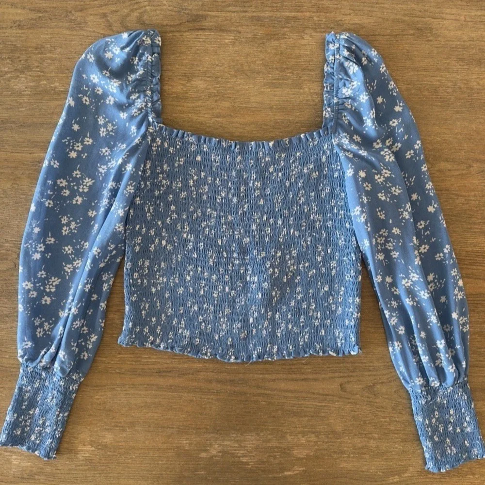 Reformation Pinto Top-Lassen Blue Floral-Smocked Georgette Long Sleeve Blouse-M
